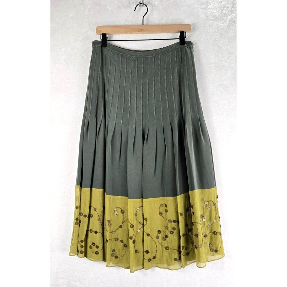 Boho Skirt Silk Tea Length 30" Gathered Olive Bottom Tier Sz 10 Gypsy India